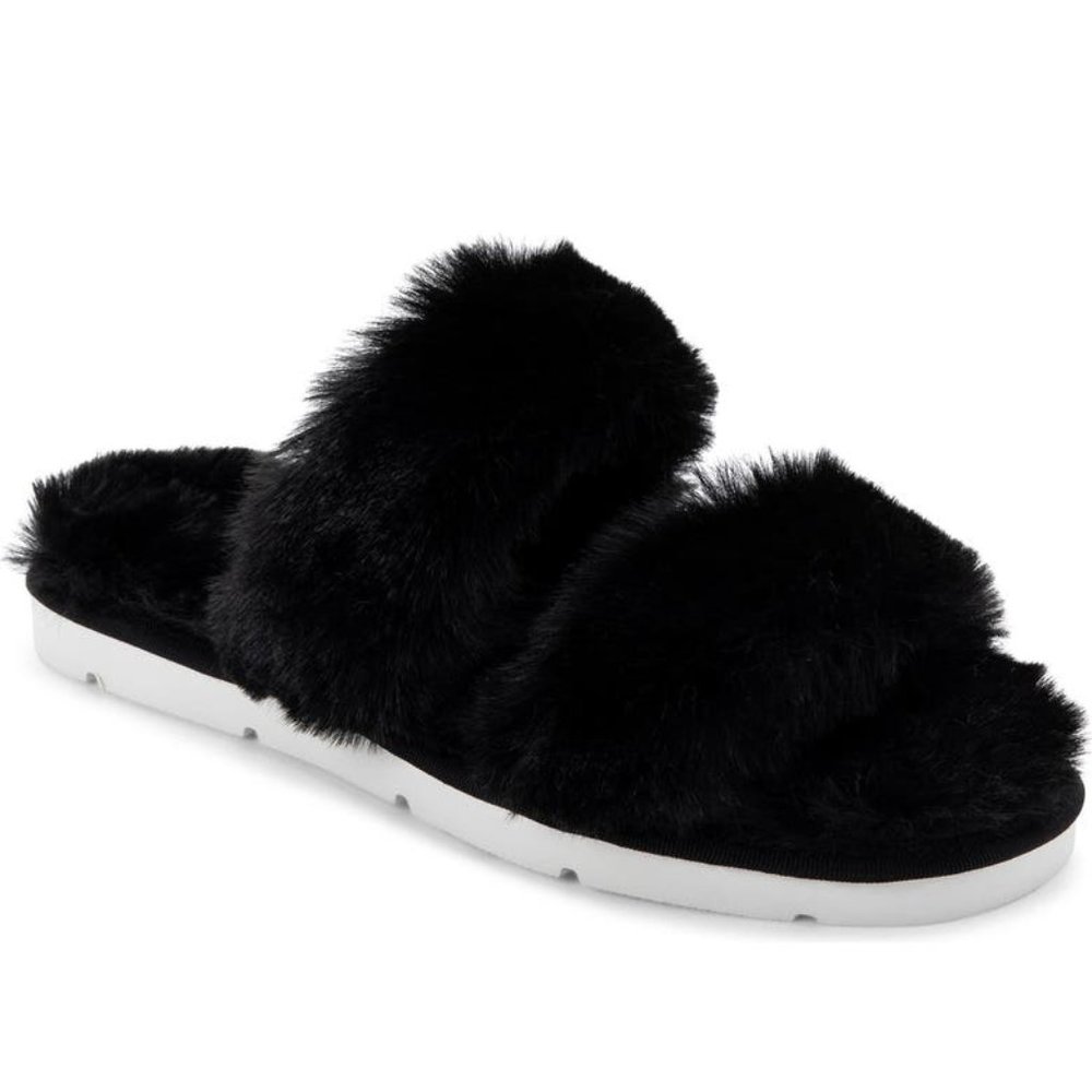 NEW Dolce Vita Women Puff Black Faux Fur Two Strap Slide Sandal Slippers